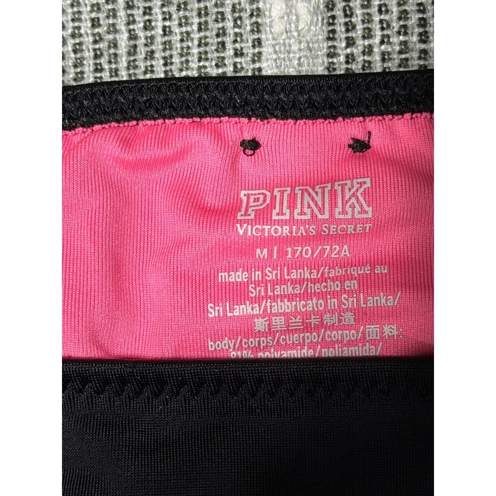 PINK Victoria's Secret Black Strappy Side Bikini Bottoms Neon Pink Lining Medium - Picture 2 of 4